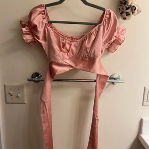 NWOT Coral Pink Silk Cropped Wrap Blouse